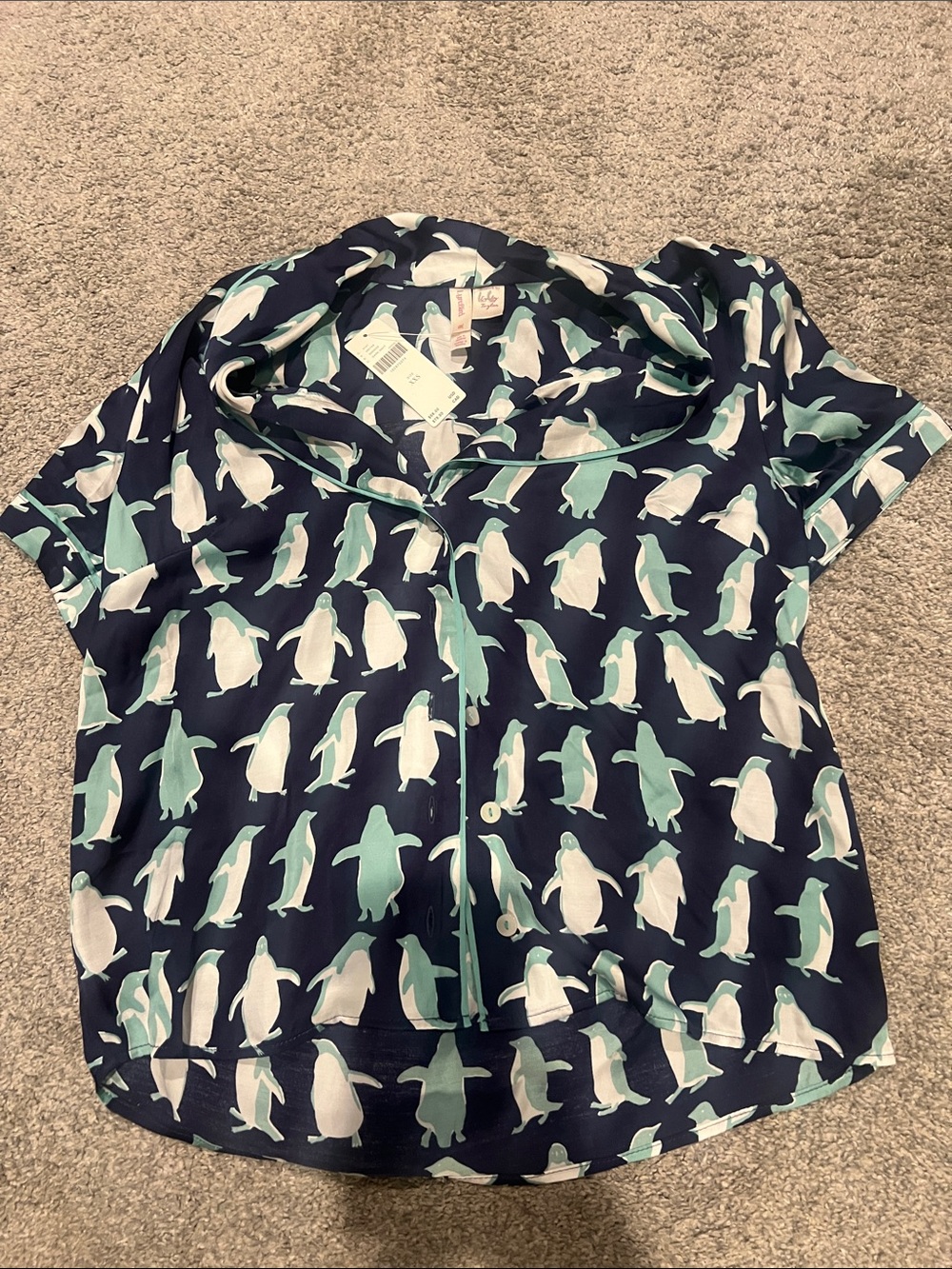 Anthropologie Navy, Mint & White Penguin-Print Short Sleeve Blouse